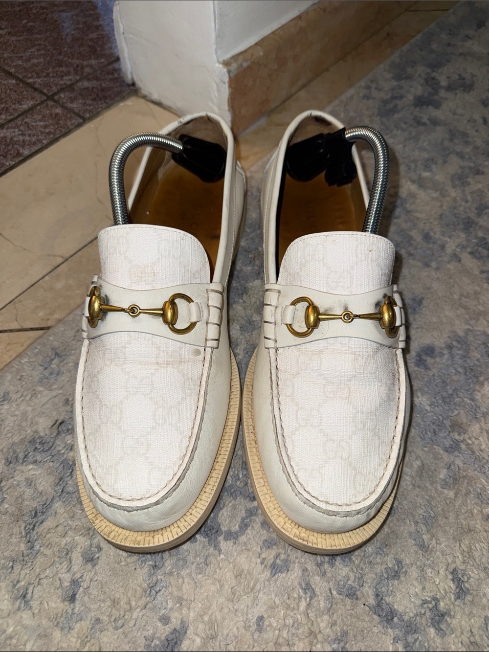 Gucci White Leather Men's Horsebit Loafers